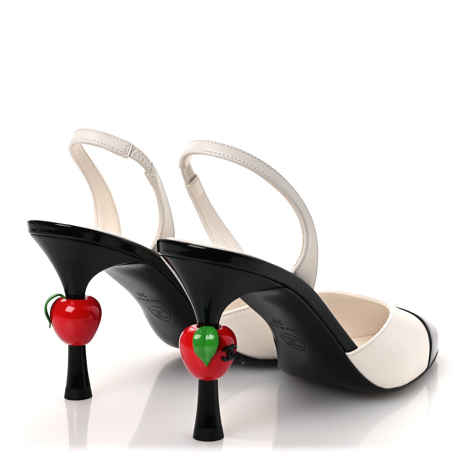Chanel Lambskin Patent Calfskin Cap Toe CC Apple Slingback Pumps  39 White Black 5 of 11