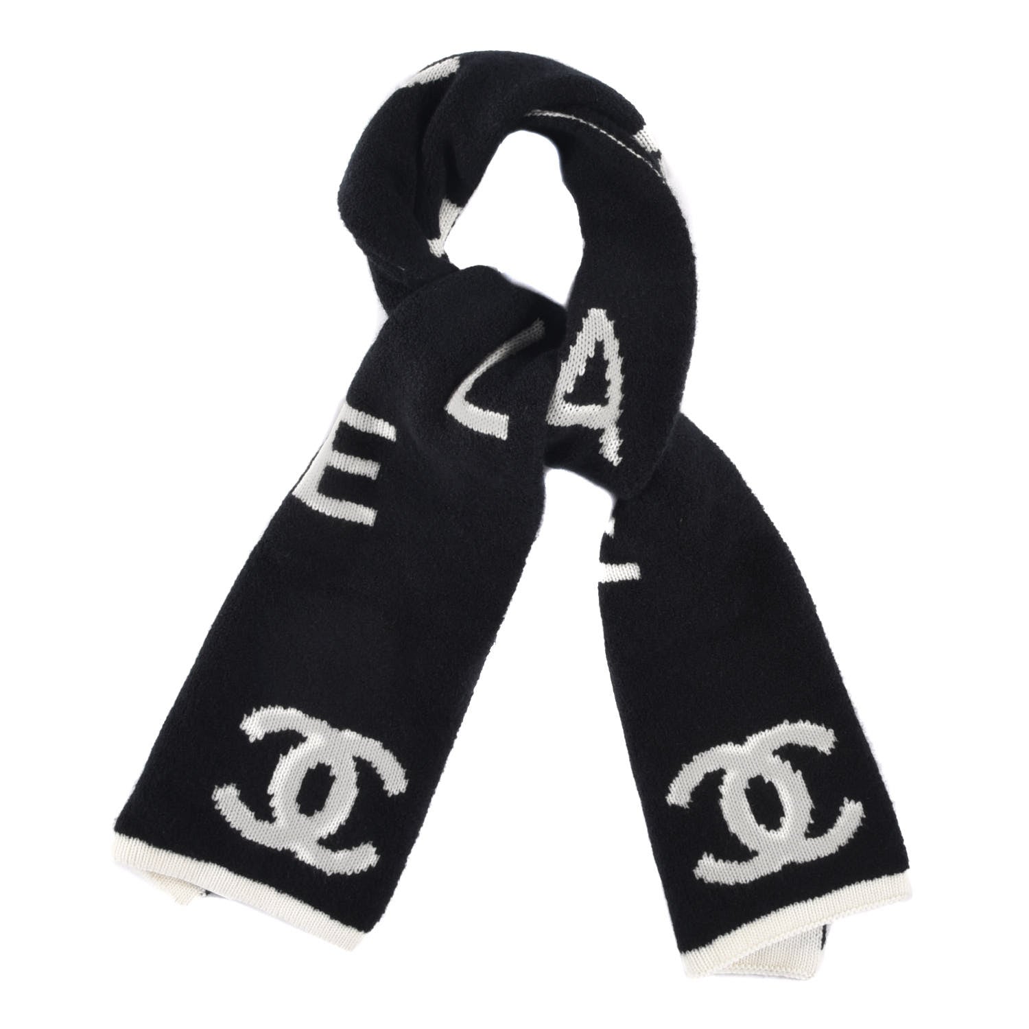 Chanel Wool Cashmere Silk CC Scarf Black White 1 of 4