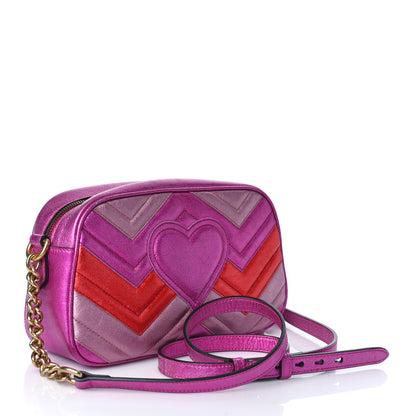 Gucci Laminated Nappa Matelasse Small GG Marmont Chain Shoulder Bag Fuxia Rosso Rosa 3 of 12