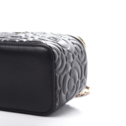 Chanel Goatskin Camellia Embossed Quilted Small Vanity Case With Chain Black 9 of 11