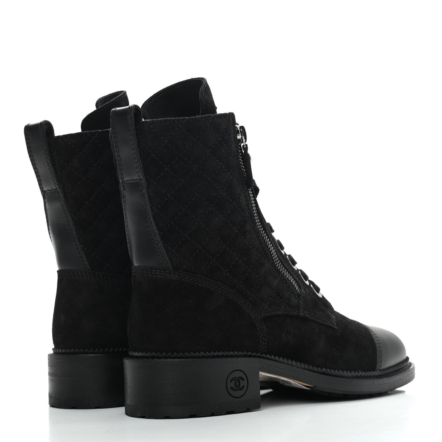 Chanel Suede Quilted CC Lace Up Combat Boots 37.5 Black 4 of 8