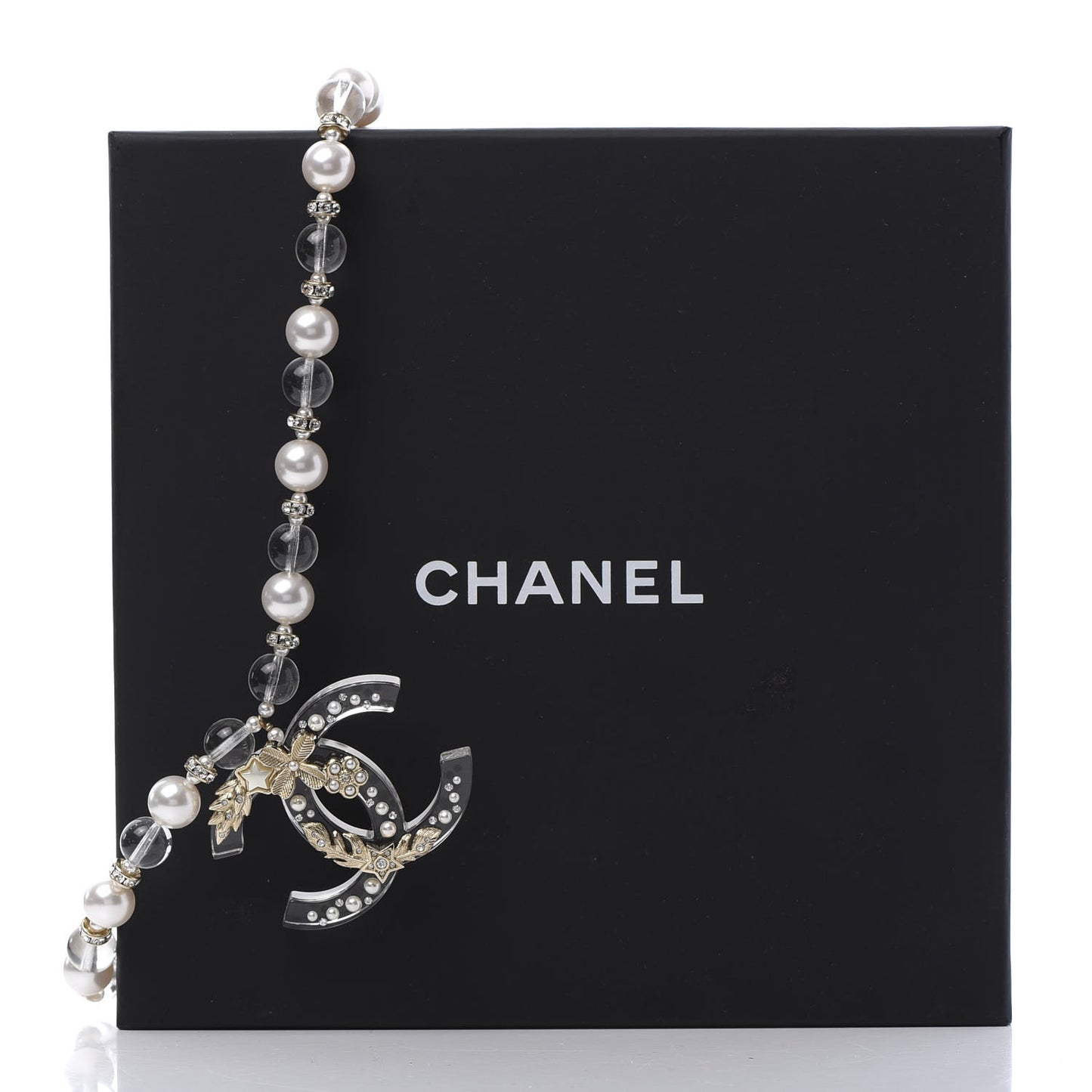 Resin Pearl Crystal CC Necklace Pearly White Transparent Gold