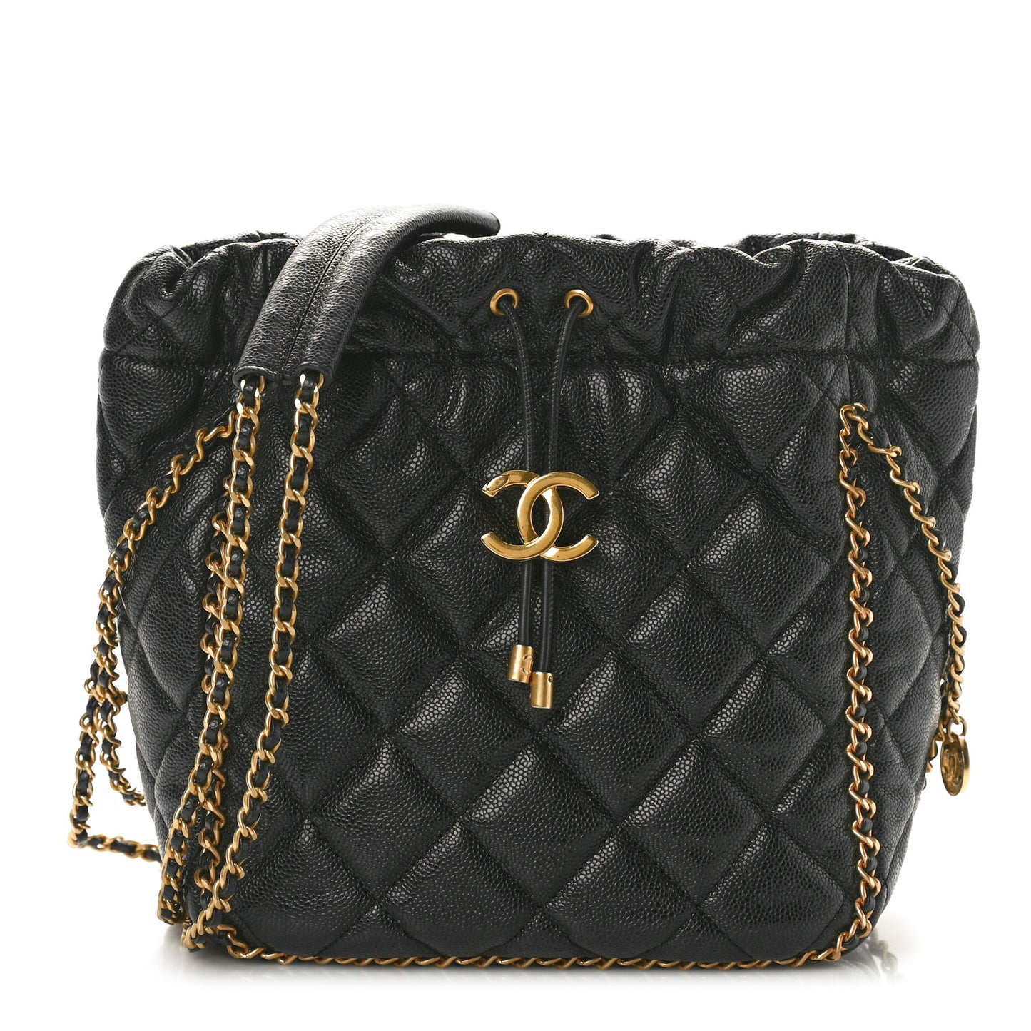 Caviar Quilted Chain Around Multi Chain Bucket Drawstring Bag Black