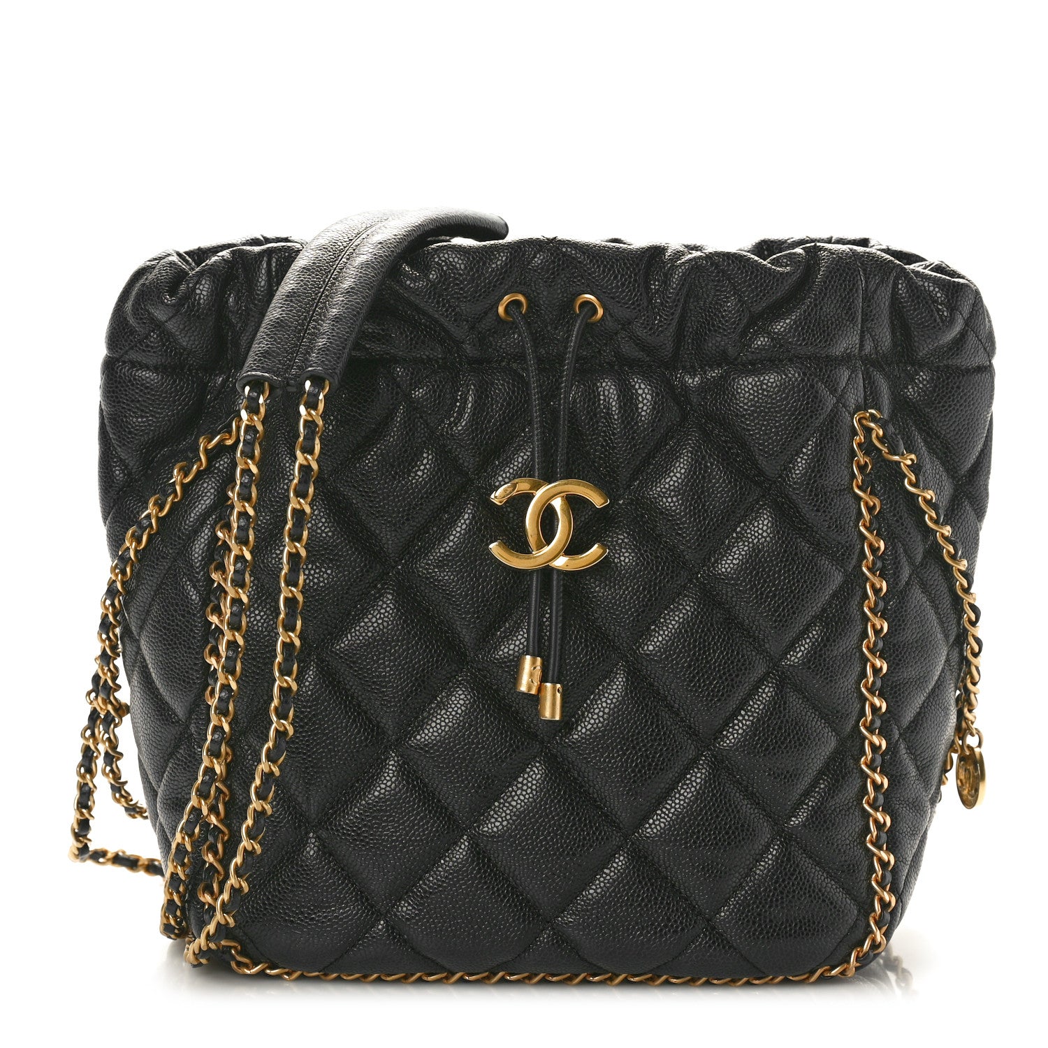 Chanel Caviar Quilted Chain Around Multi Chain Bucket Drawstring Bag Black 1 of 10