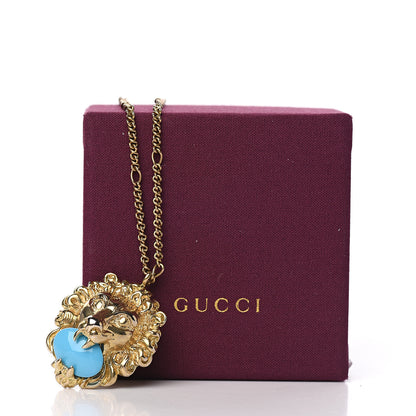 Gucci Metal Brass Swarovski Lion Head Necklace Gold Turquoise 6 of 6