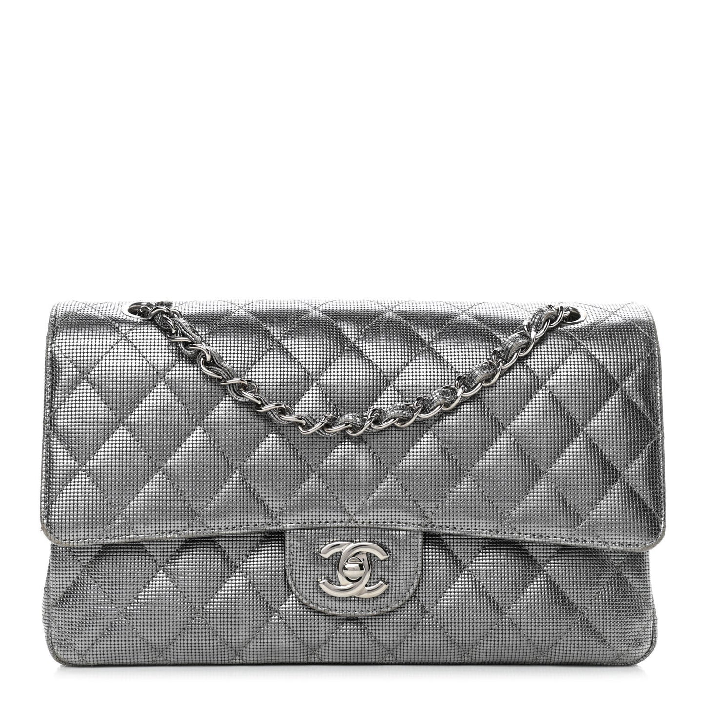Calfskin Metallic Pixel Effect Medium Double Flap Silver