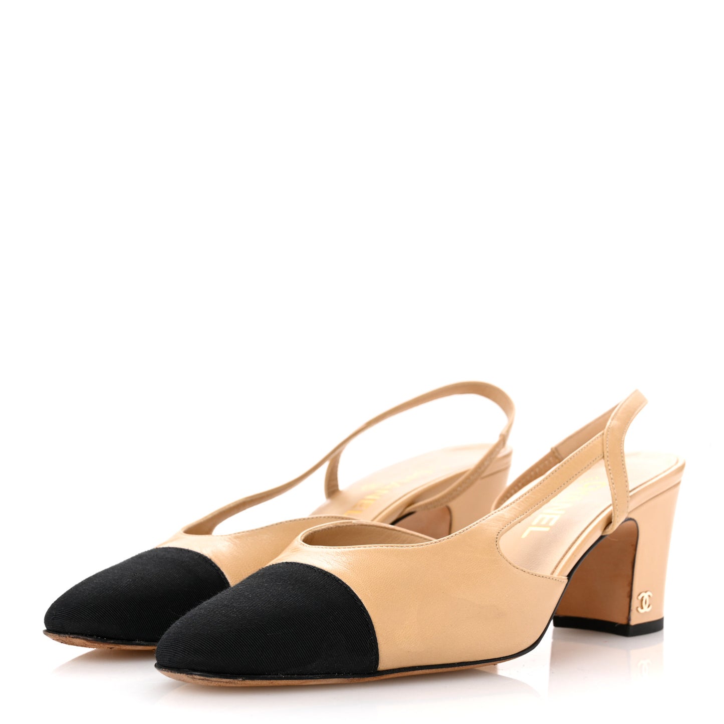 Goatskin Grosgrain Cap Toe CC Slingback Pumps 39 Beige Black