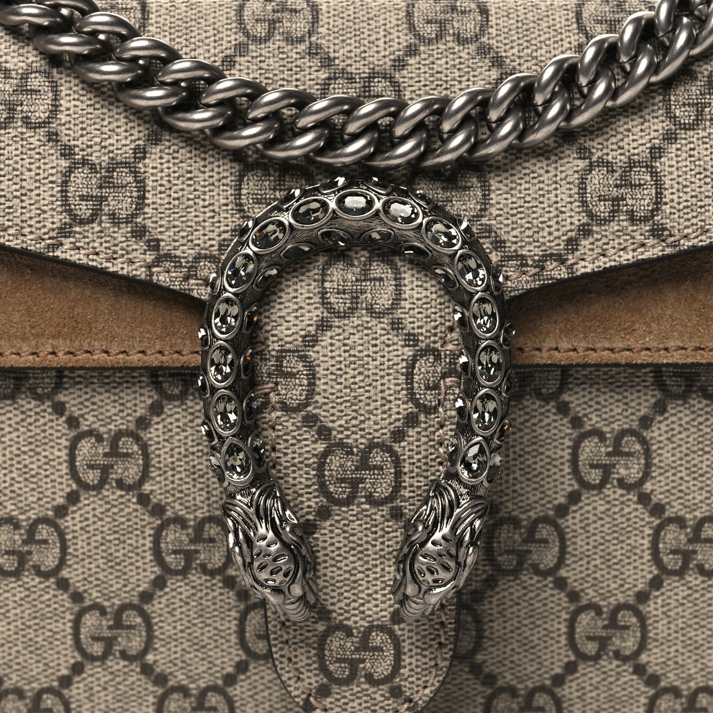 GG Supreme Monogram Suede Crystal Small Dionysus Shoulder Bag Beige Ebony Taupe
