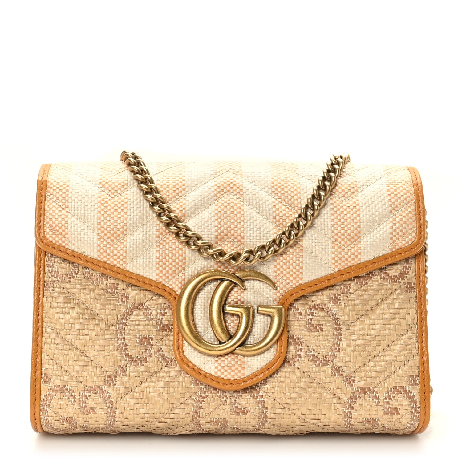 Gucci Raffia GG Monogram Matelasse GG Marmont Chain Wallet Natural Beige Off White Sun Oil 1 of 11