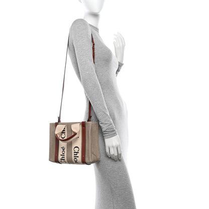 Chloe Linen Calfskin Small Woody Ribbon Tote With Strap White Brown 3 of 10