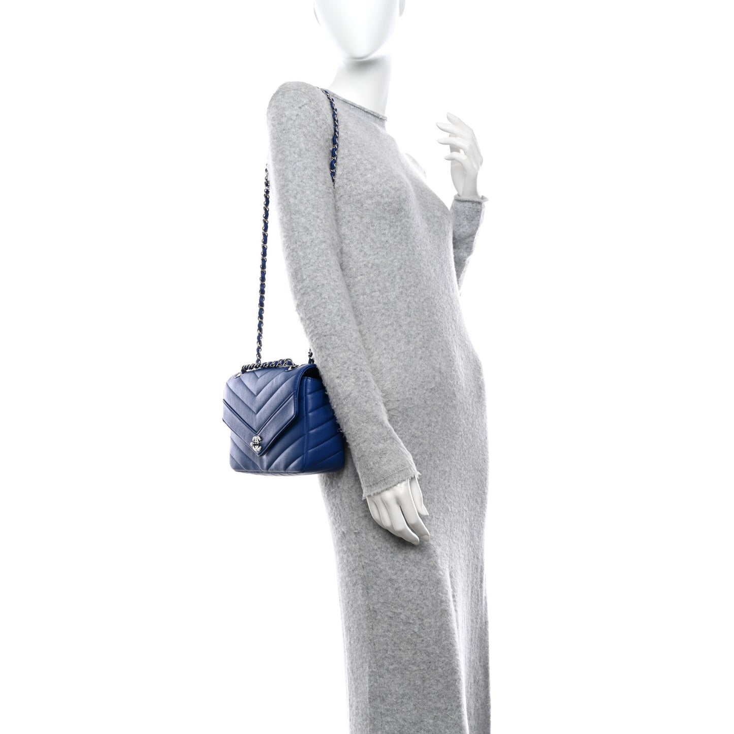 Caviar Chevron Quilted Single Flap Blue