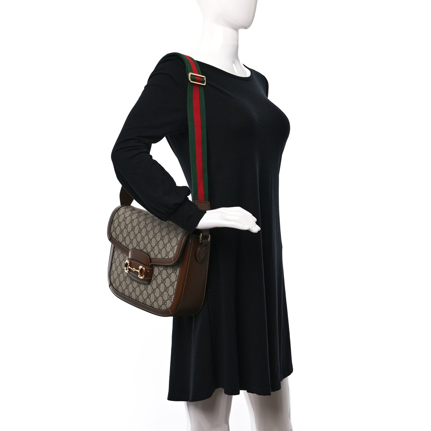 GG Supreme Monogram Azalea Calfskin Web Medium Horsebit 1955 Shoulder Bag Beige Ebony Brown Sugar