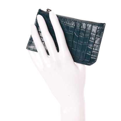 Saint Laurent Calfskin Crocodile Embossed 5 Fragments Zip Card Case Dark Turquoise 2 of 8