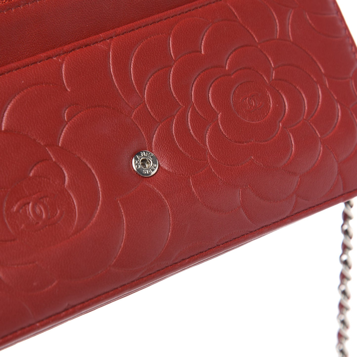 Lambskin Camellia Embossed Wallet On Chain WOC Dark Red