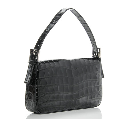 Fendi Calfskin Crocodile Embossed Crystal Baguette Black 3 of 6