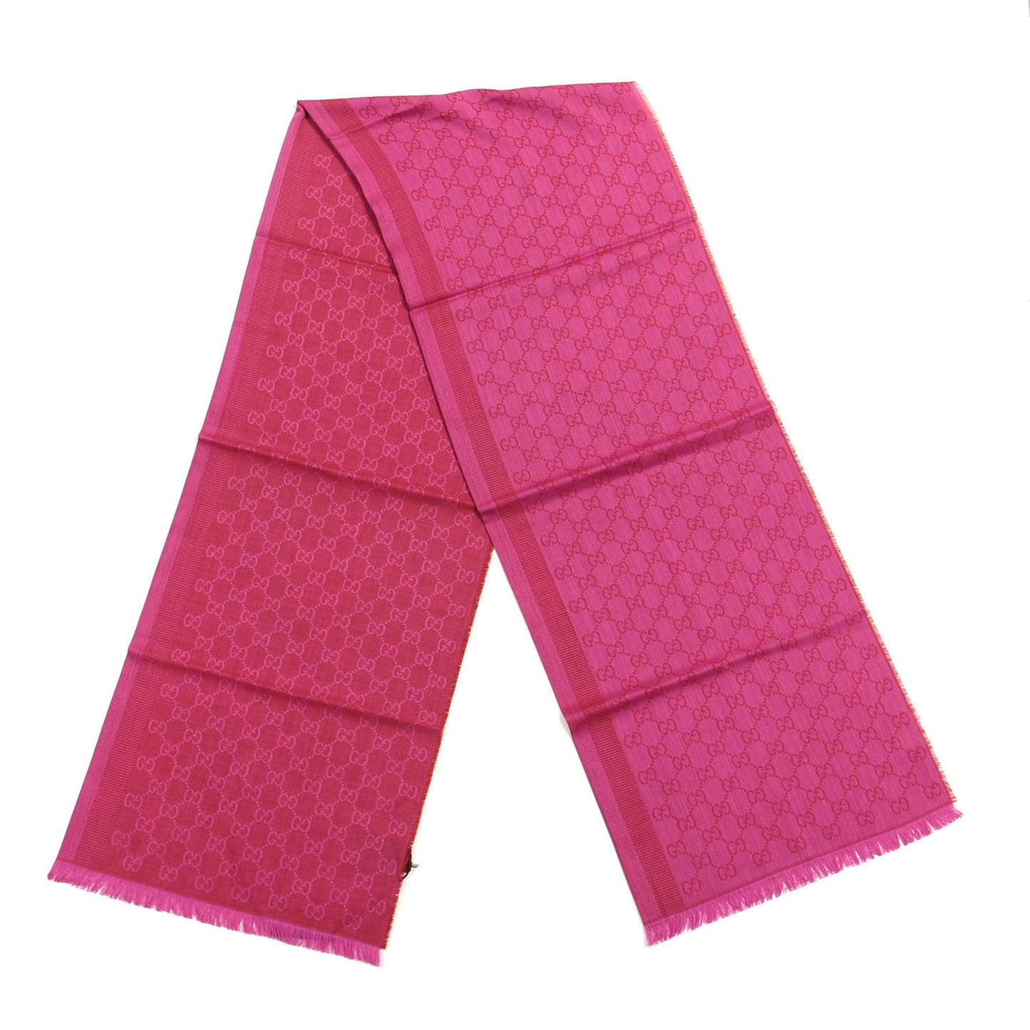 Wool Silk GG Monogram GGWeblong Fringe Scarf Shawl Red Pink