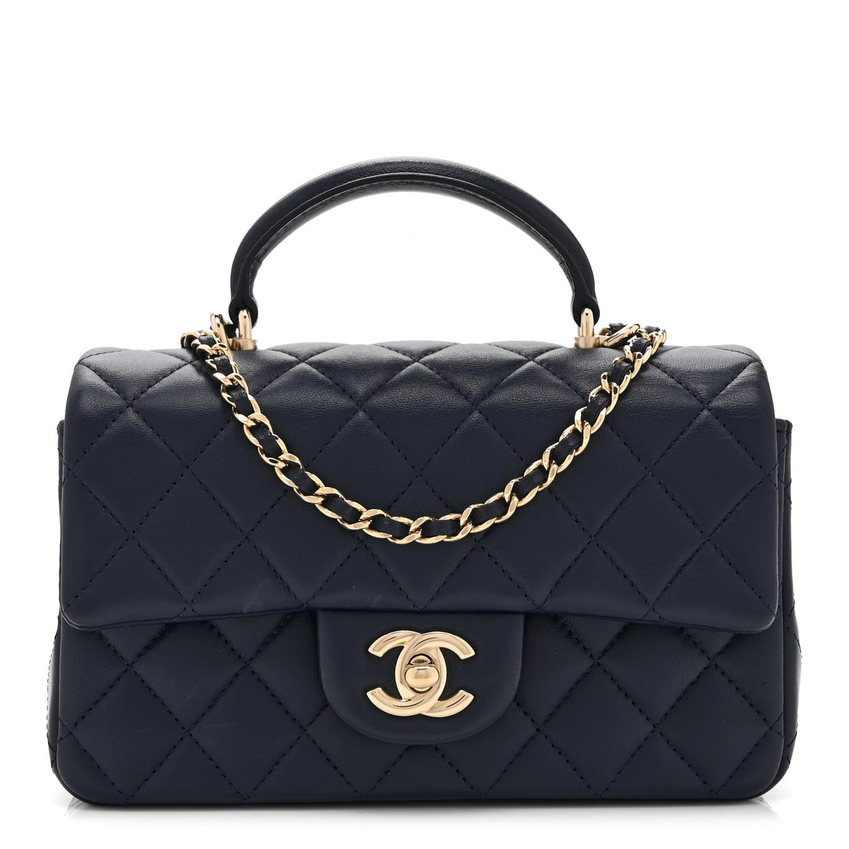 Lambskin Quilted Mini Top Handle Rectangular Flap Navy Blue