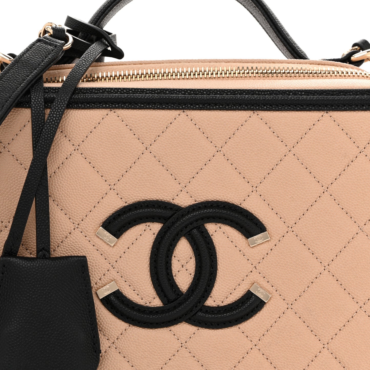 Caviar Quilted Large CC Filigree Vanity Case Beige Black