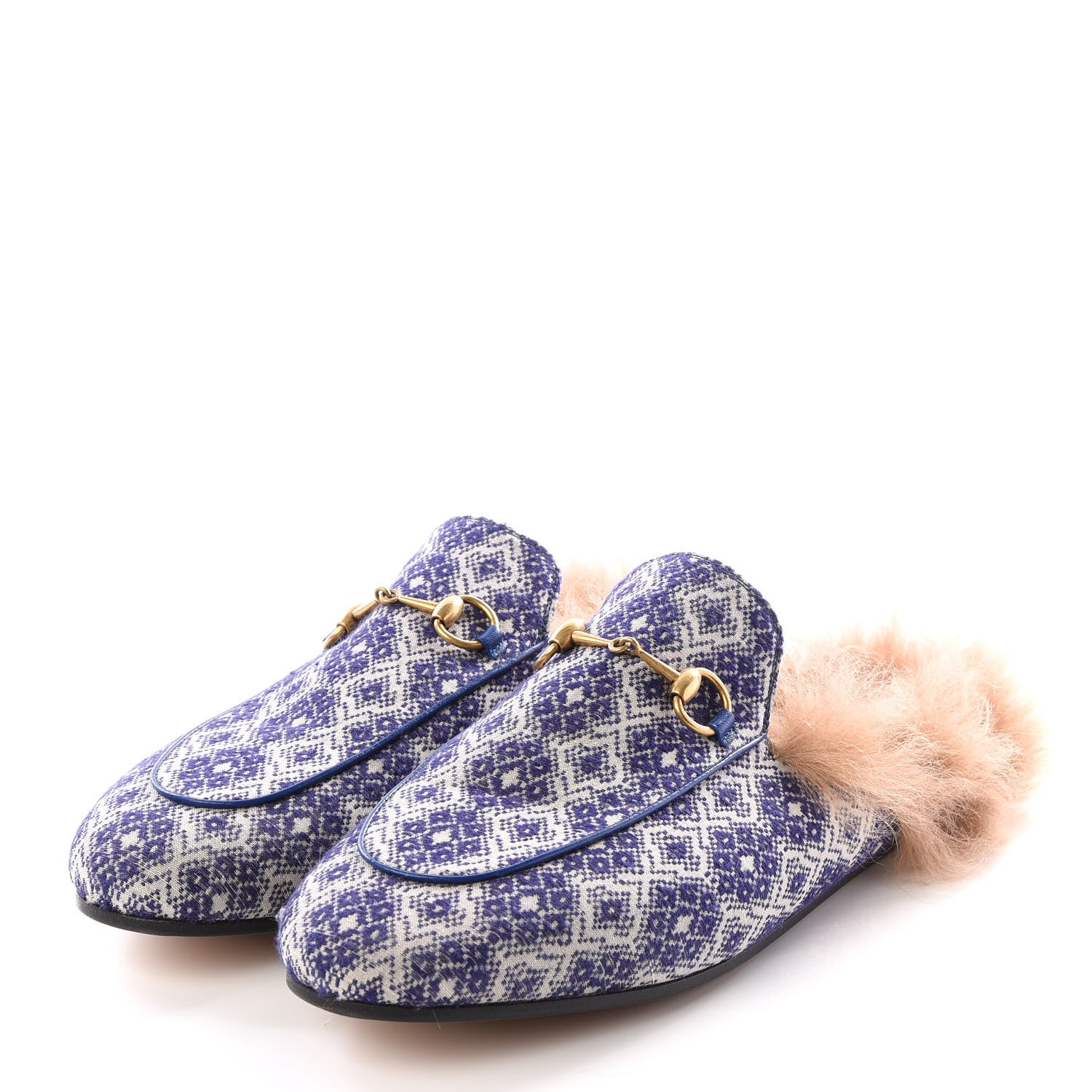 Gucci Fabric Fur Vintage Argyle Womens Princetown Slippers 39.5 Blue 2 of 8
