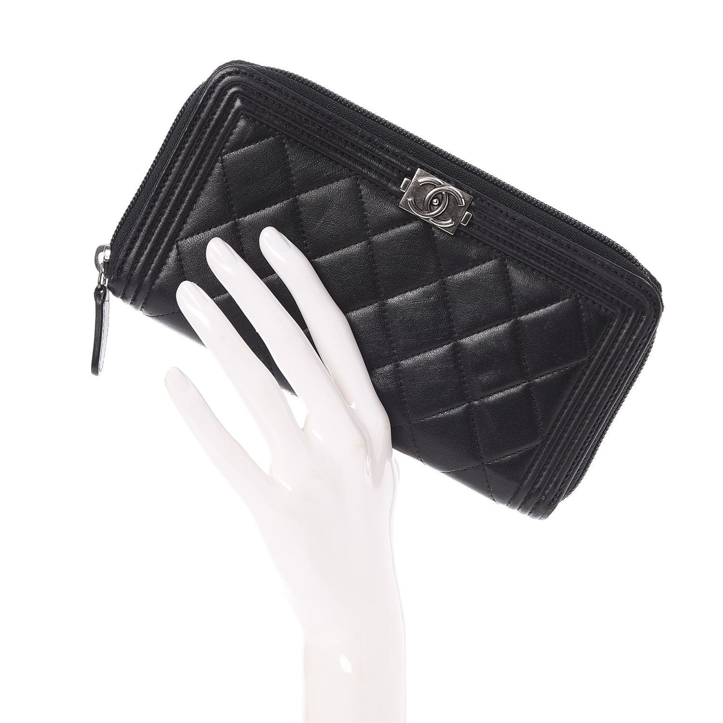 Lambskin Quilted Boy Zip Around Wallet Black