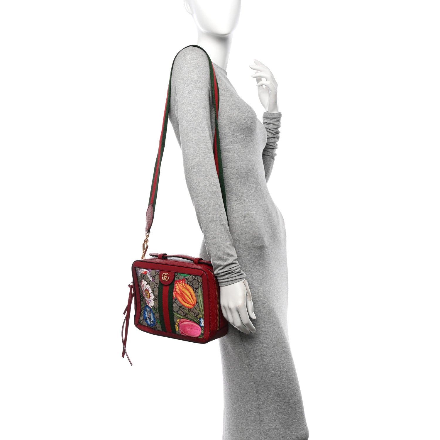 Gucci GG Supreme Monogram Flora Web Small Ophidia Top Handle Shoulder Bag Hibiscus Red 2 of 23