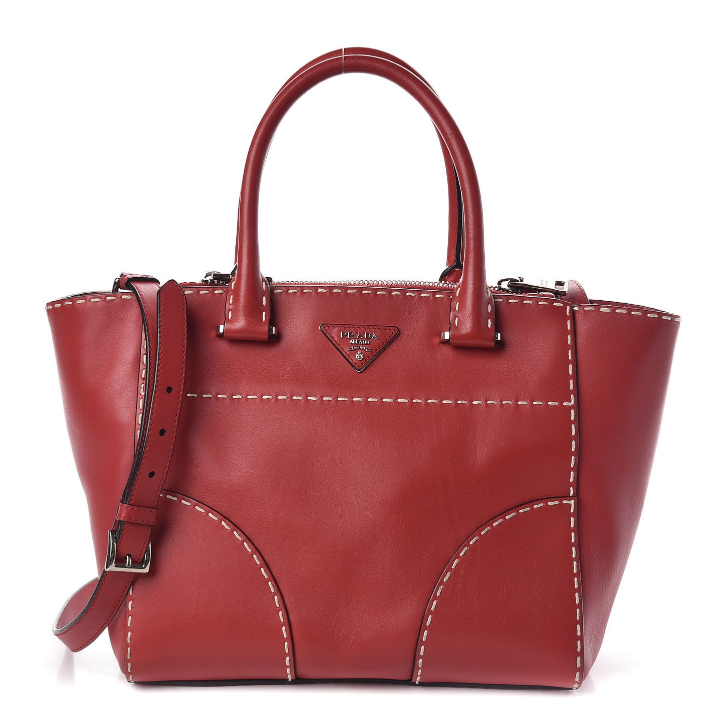 City Calf Small Stitched Twin Pocket Tote Fuoco White