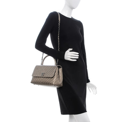 Chanel Metallic Caviar Chevron Quilted Small Coco Handle Flap Light Gold 2 of 9