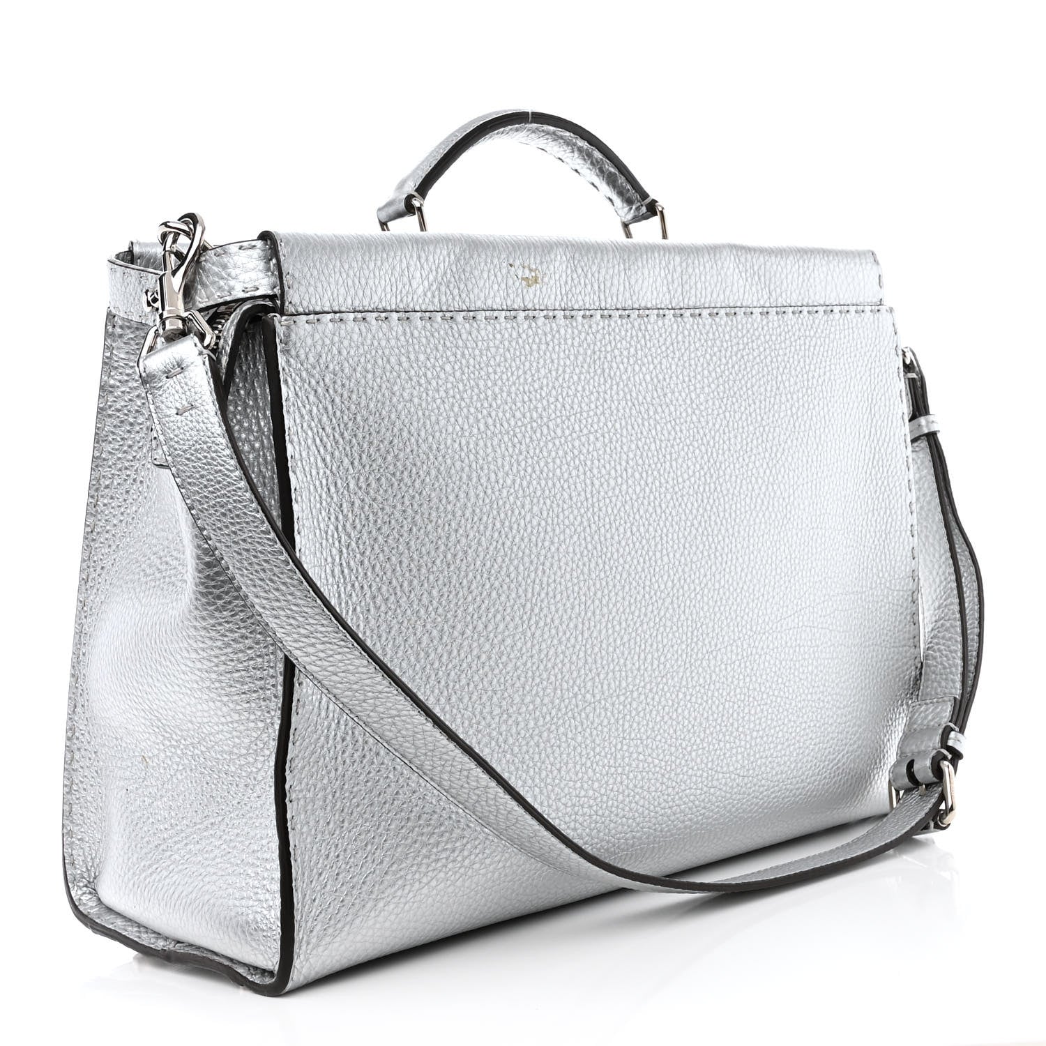 Fendi Metallic Cuoio Romano Selleria Metal Stitch Large Mens Peekaboo Iconic Essential Satchel Silver 3 of 14