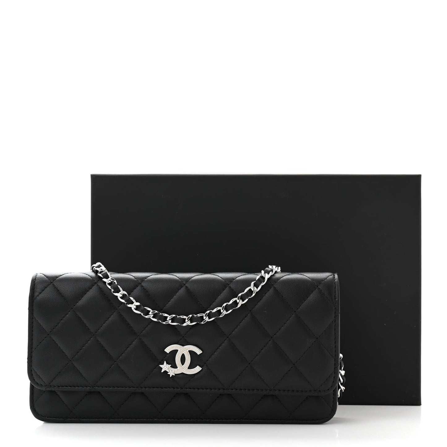 Lambskin Quilted Crystal Star Long Clutch With Chain Black