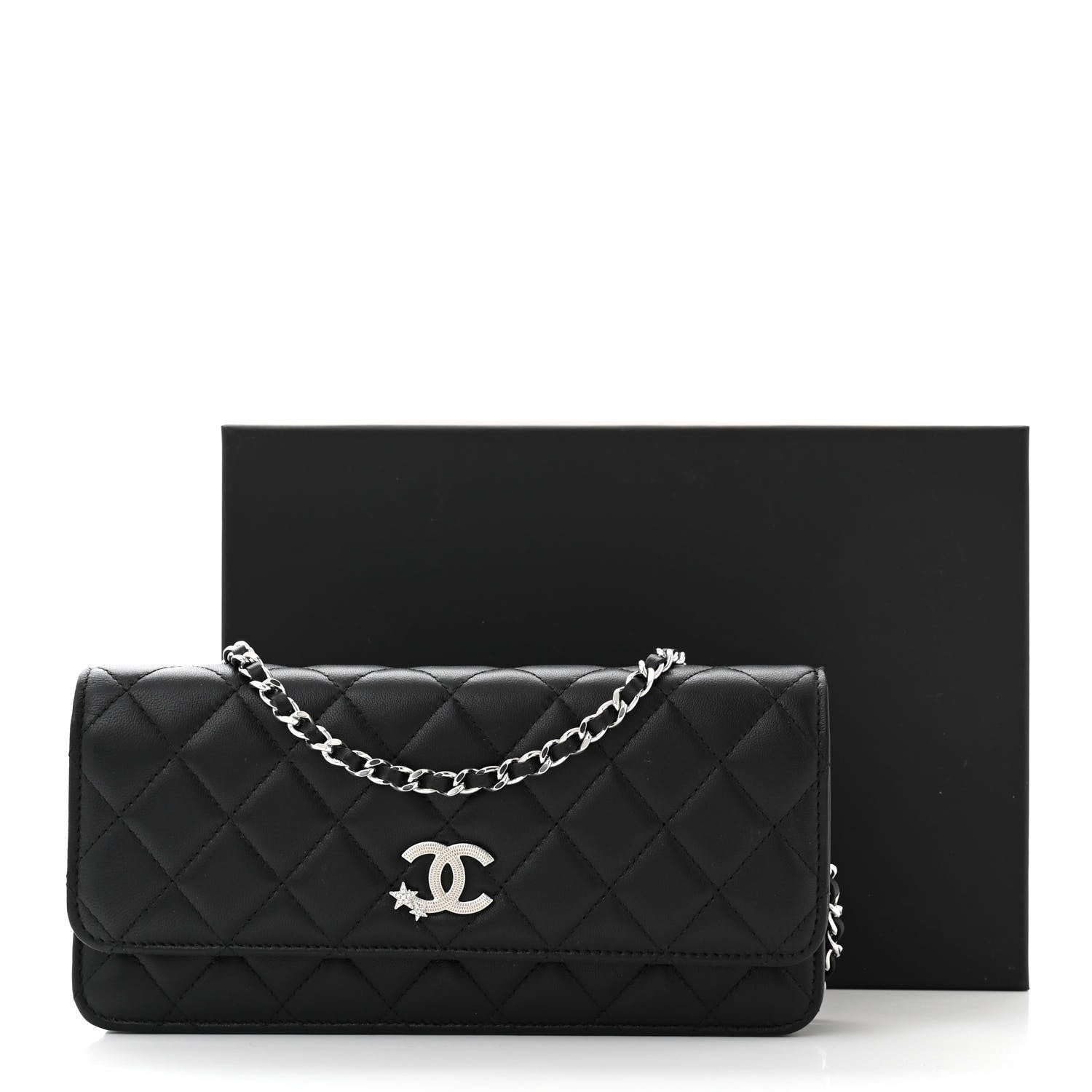 Chanel Lambskin Quilted Crystal Star Long Clutch With Chain Black 12 of 12