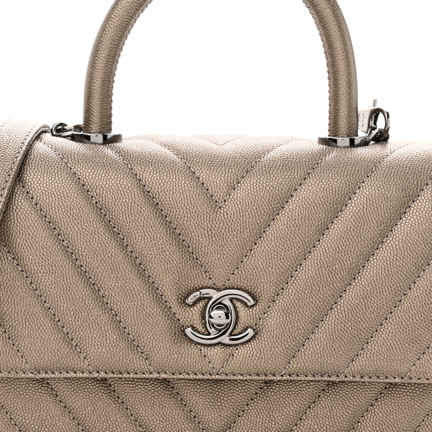 Chanel Metallic Caviar Chevron Quilted Mini Coco Handle Flap Light Gold 8 of 13