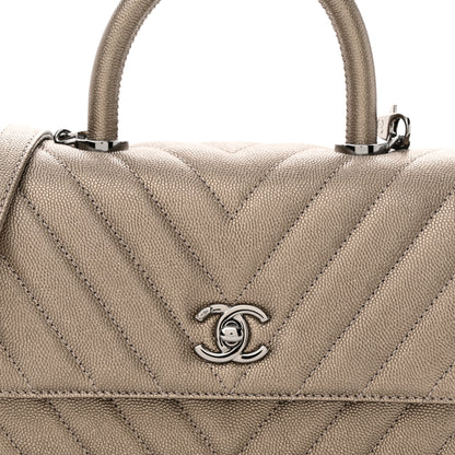Chanel Metallic Caviar Chevron Quilted Mini Coco Handle Flap Light Gold 8 of 13