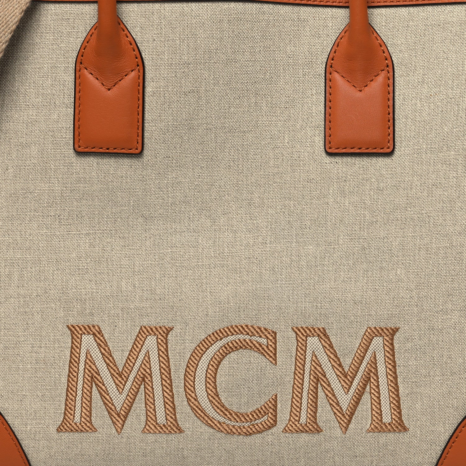 MCM Calfskin Linen Large Munchen Tote Cognac 9 of 12