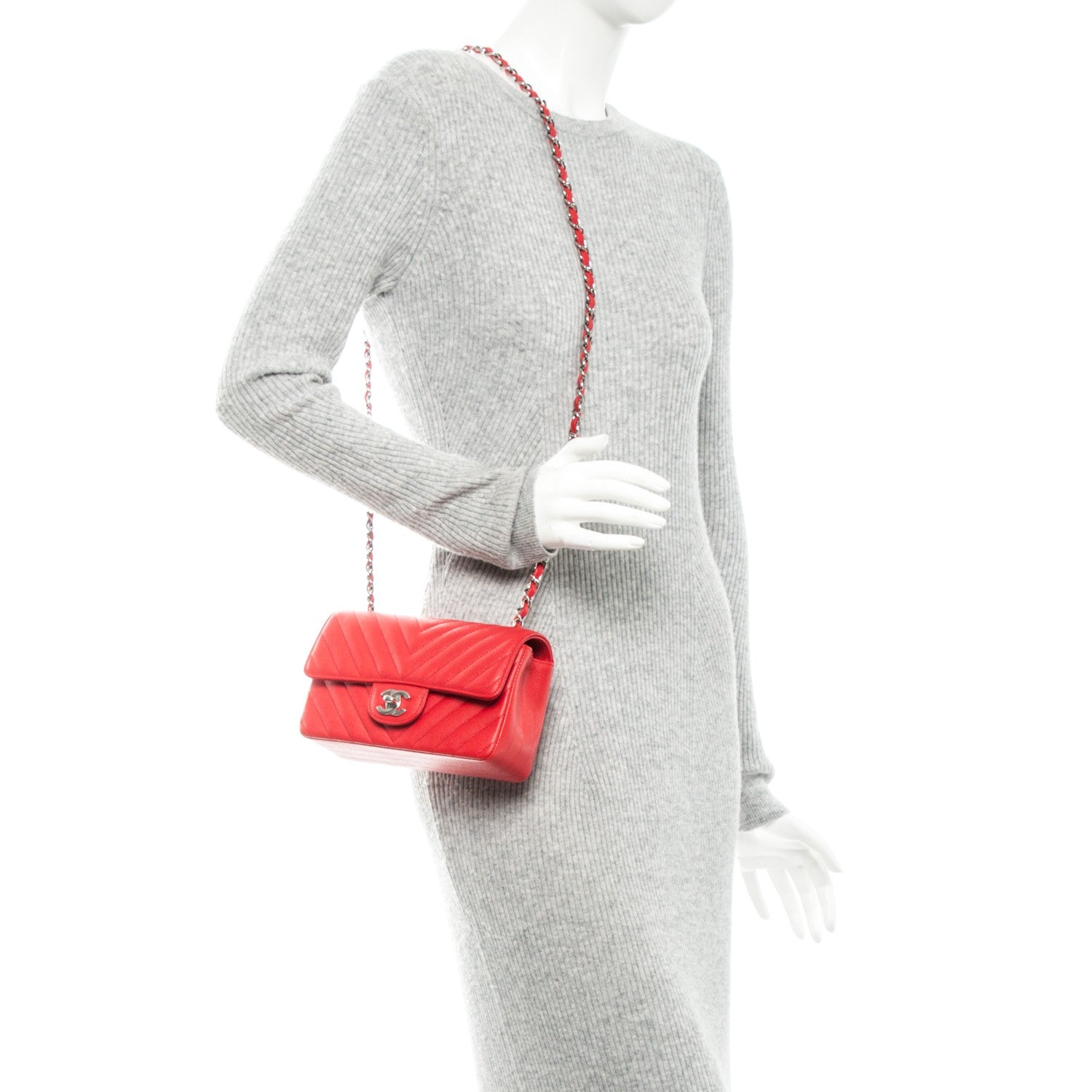 Chanel Caviar Chevron Quilted Mini Rectangular Flap Red 2 of 7