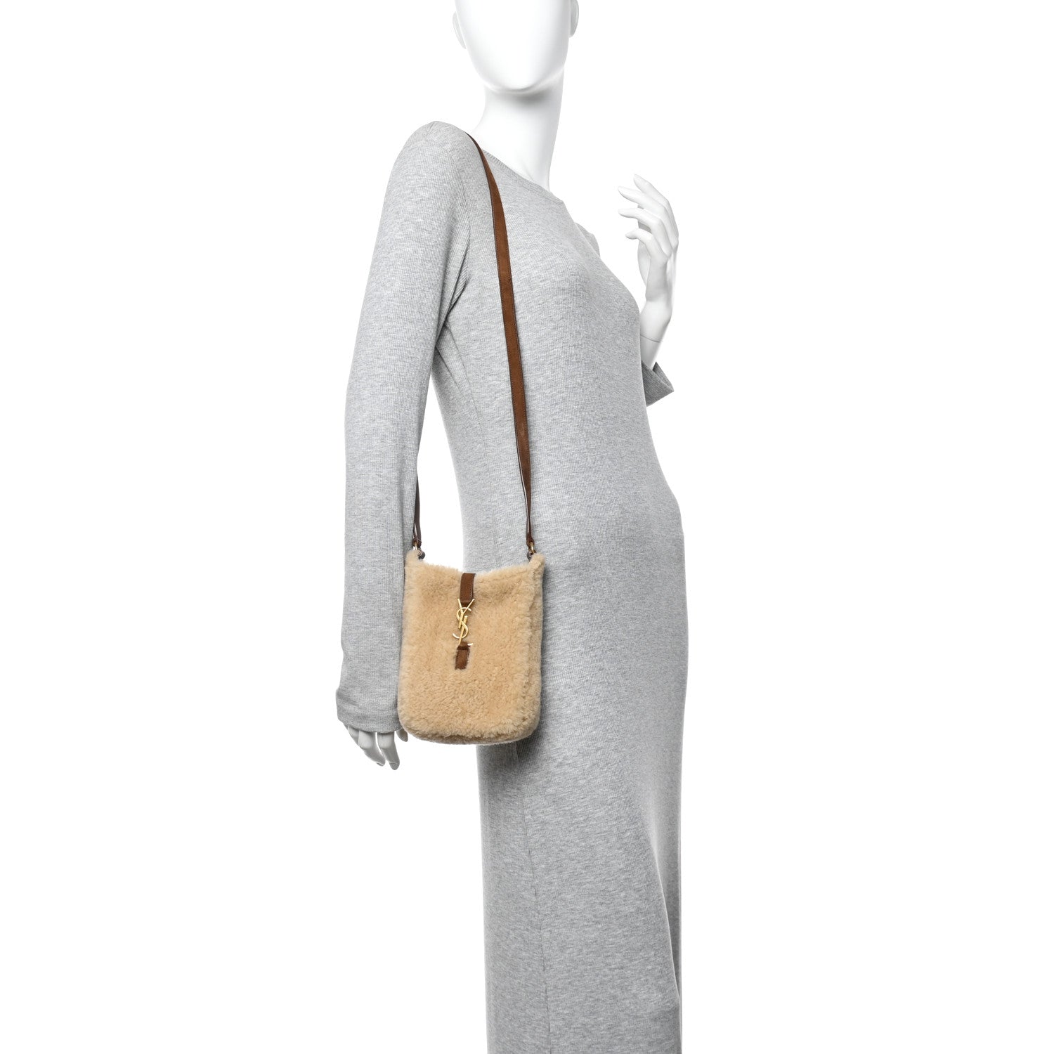 Saint Laurent Shearling Suede Mini Le 5 A 7 Vertical Hobo Natural Beige Dark Cigar 2 of 13