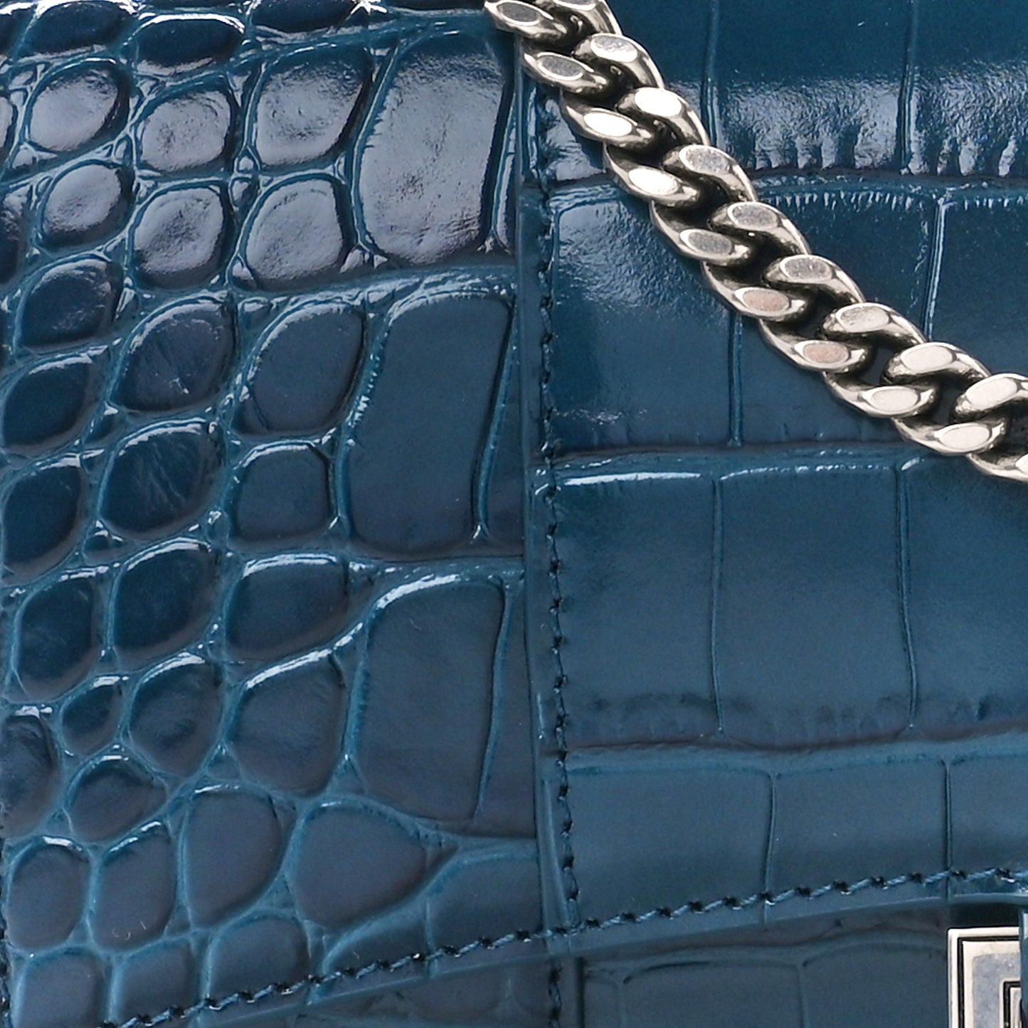 Shiny Calfskin Crocodile Embossed Hourglass Chain Bag Dark Petrol Blue