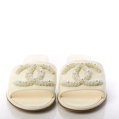 Chanel Lambskin Pearl CC Flat Sandals 37.5 Ivory 2 of 10