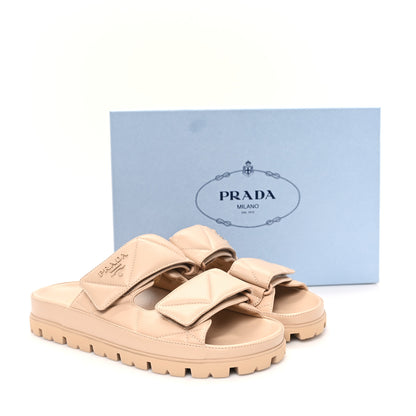 Prada Nappa Quilted Padded Logo Slide Sandals 37 Sabbia 10 of 10