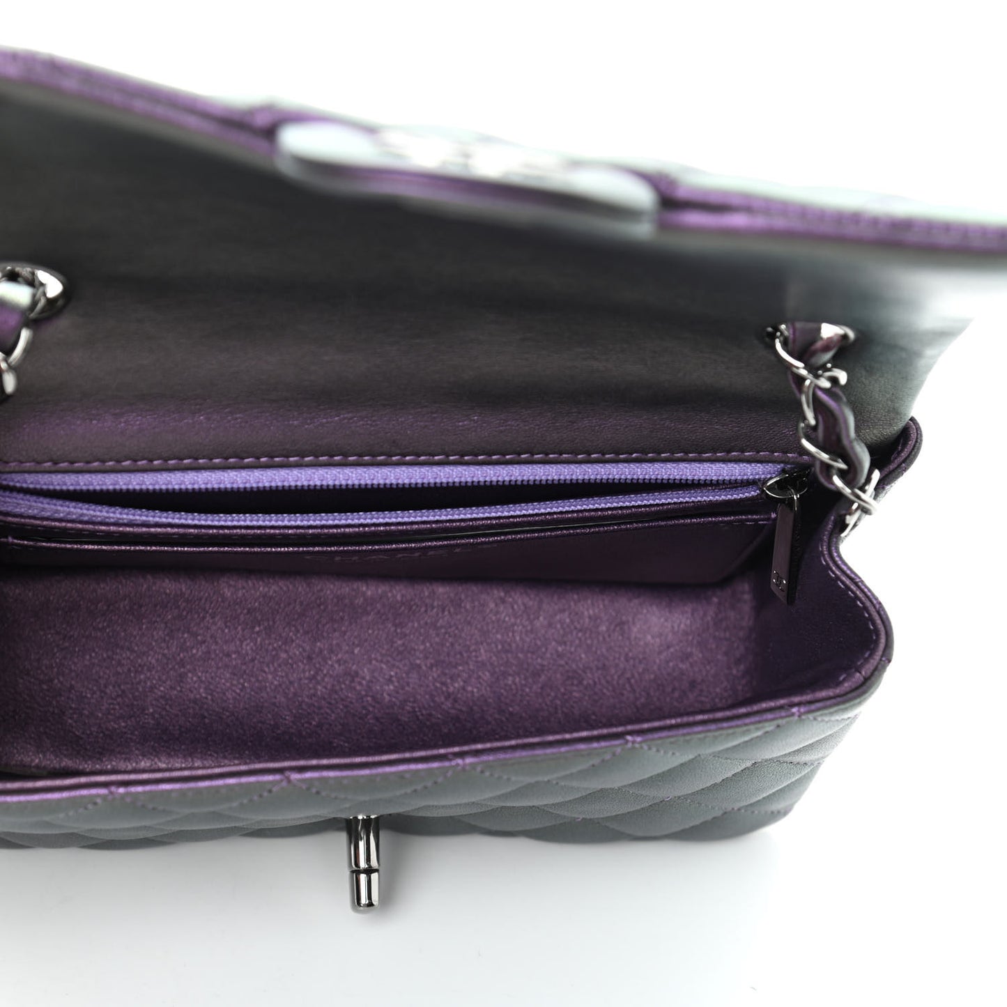 Iridescent Lambskin Quilted Mini Rectangular Flap Purple