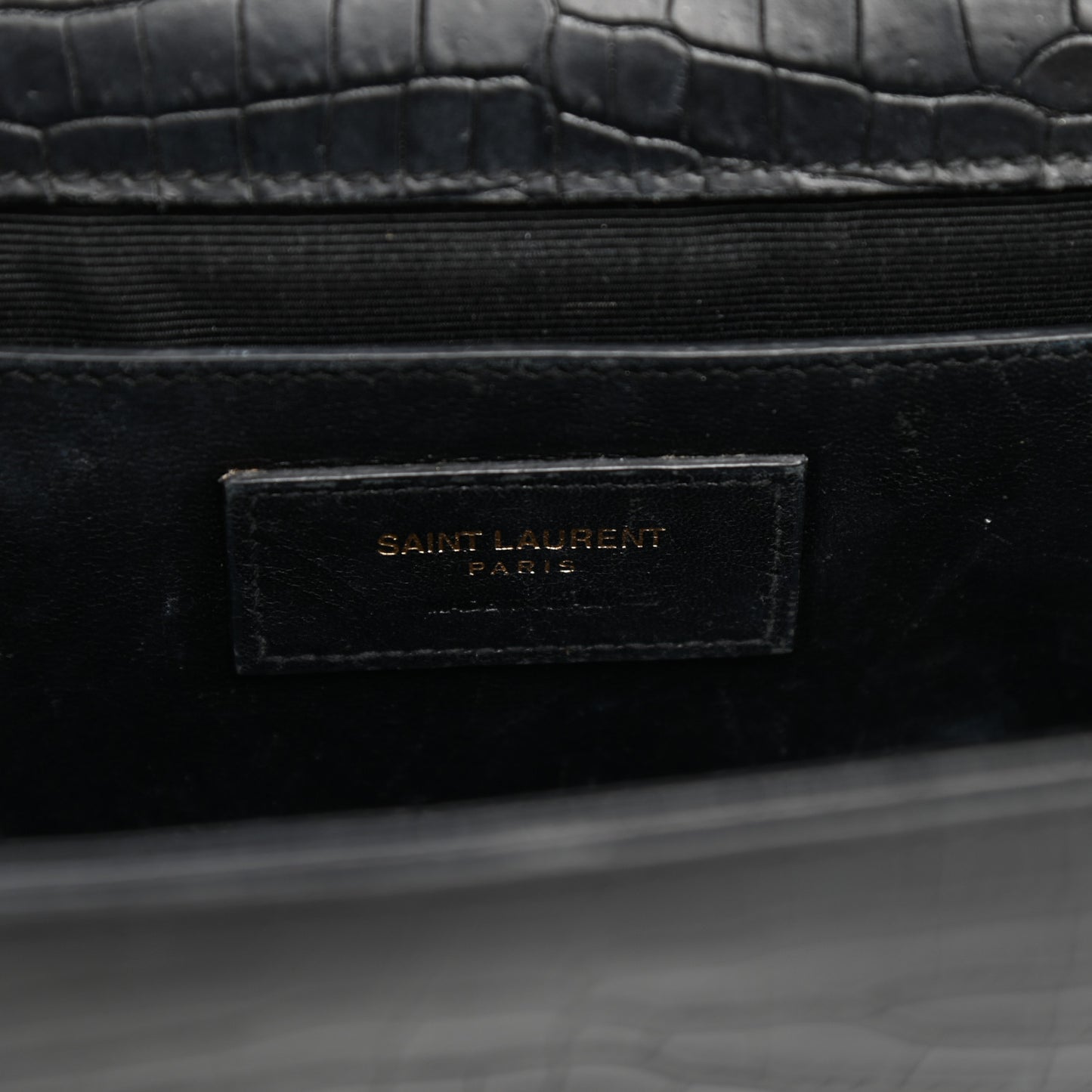 Calfskin Crocodile Embossed Medium Classic Monogram Kate Tassel Satchel Black