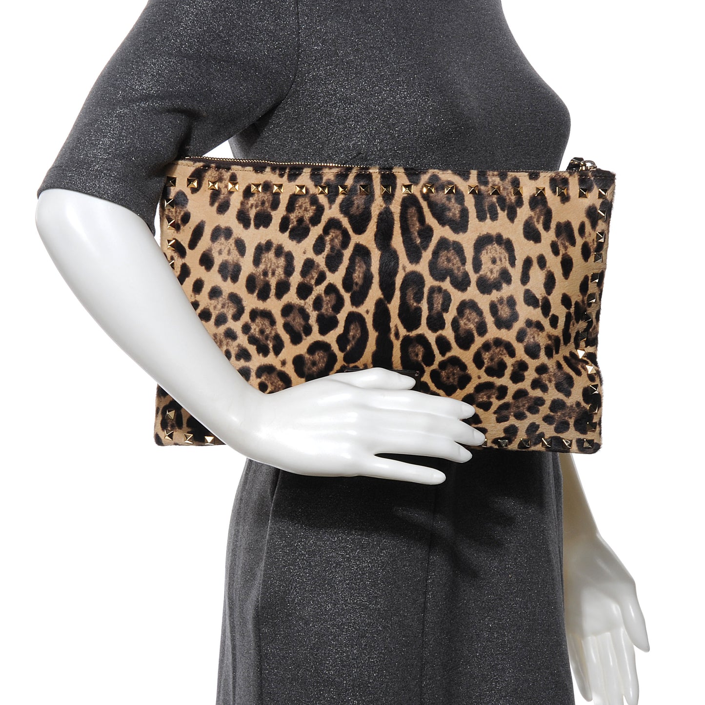 Calf Hair Leopard Print Rockstud Zip Wristlet Pouch Leopard