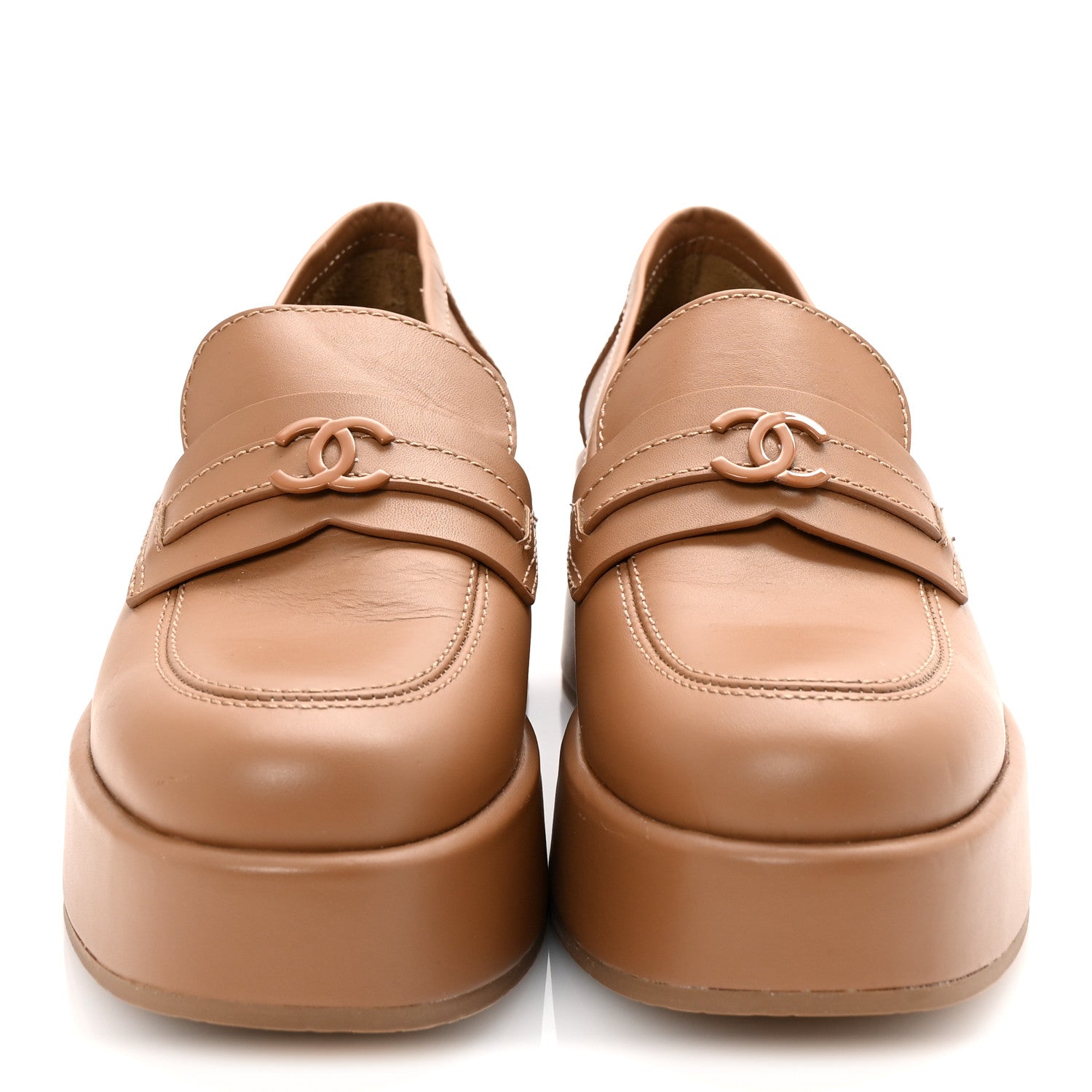 Chanel Calfskin CC Platform Loafers 38 Beige 3 of 9
