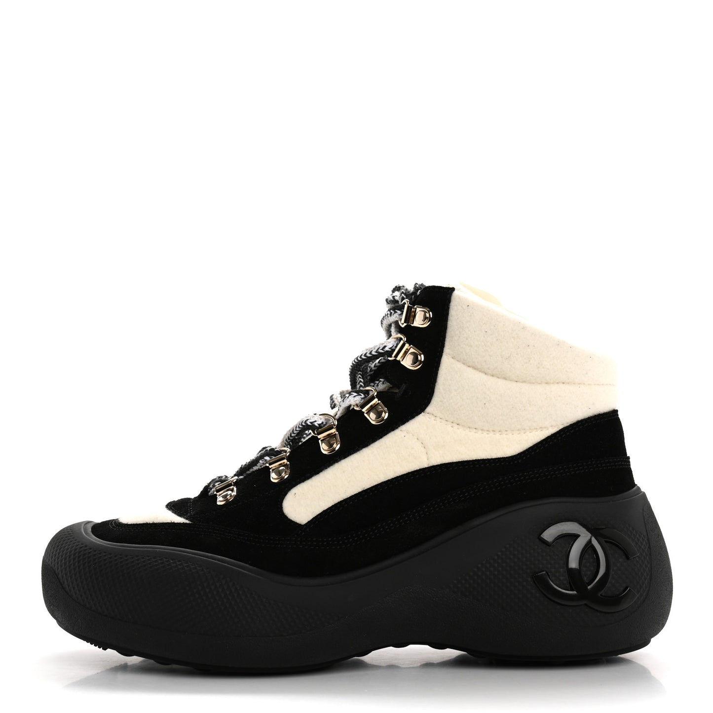 Wool Suede Calfskin Nylon CC Lace Up Ankle Snow Boots 39.5 Ivory Black
