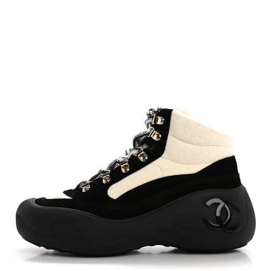 Wool Suede Calfskin Nylon CC Lace Up Ankle Snow Boots 39.5 Ivory Black