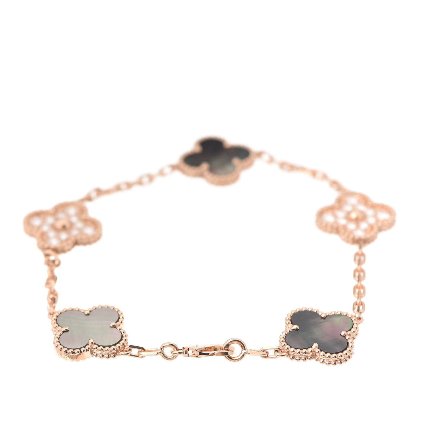 18K Rose Gold Diamond Gray Mother of Pearl 5 Motifs Vintage Alhambra Bracelet