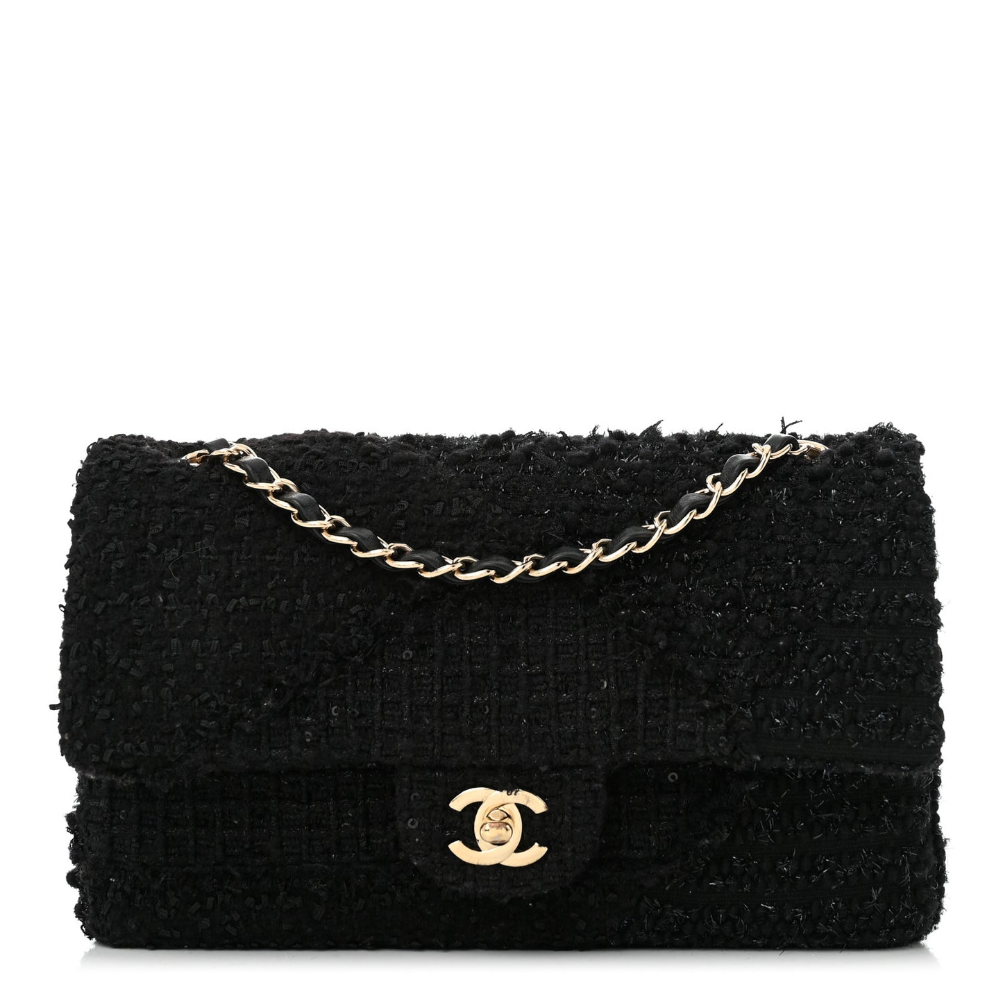 Tweed Sequin Patchwork Medium Double Flap Black