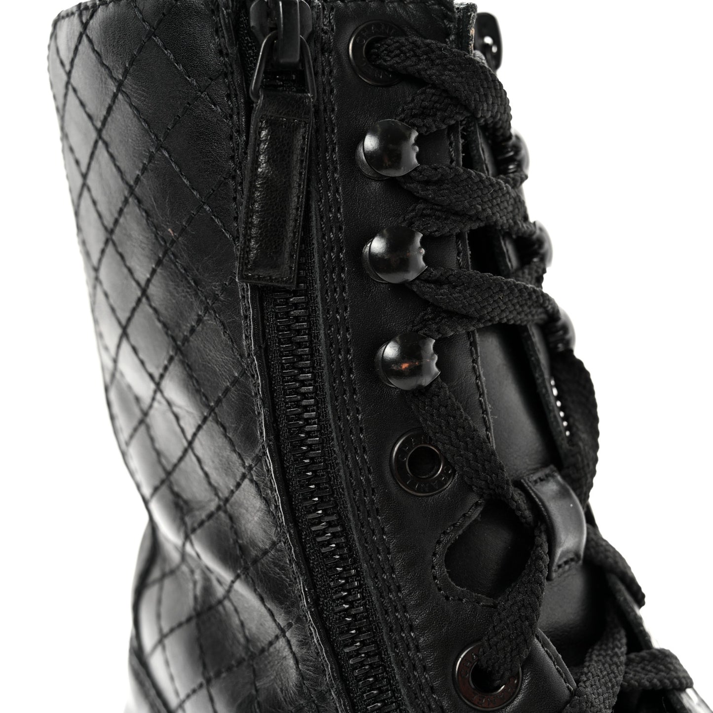 Calfskin Quilted Lace Up Combat Boots 40 Black