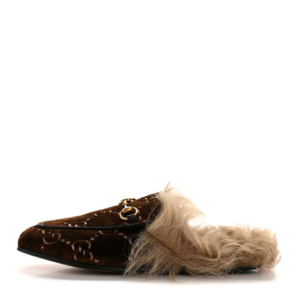 Gucci Velvet GG Monogram Fur Womens Princetown Slippers 36.5 Brown Black Natural 1 of 8