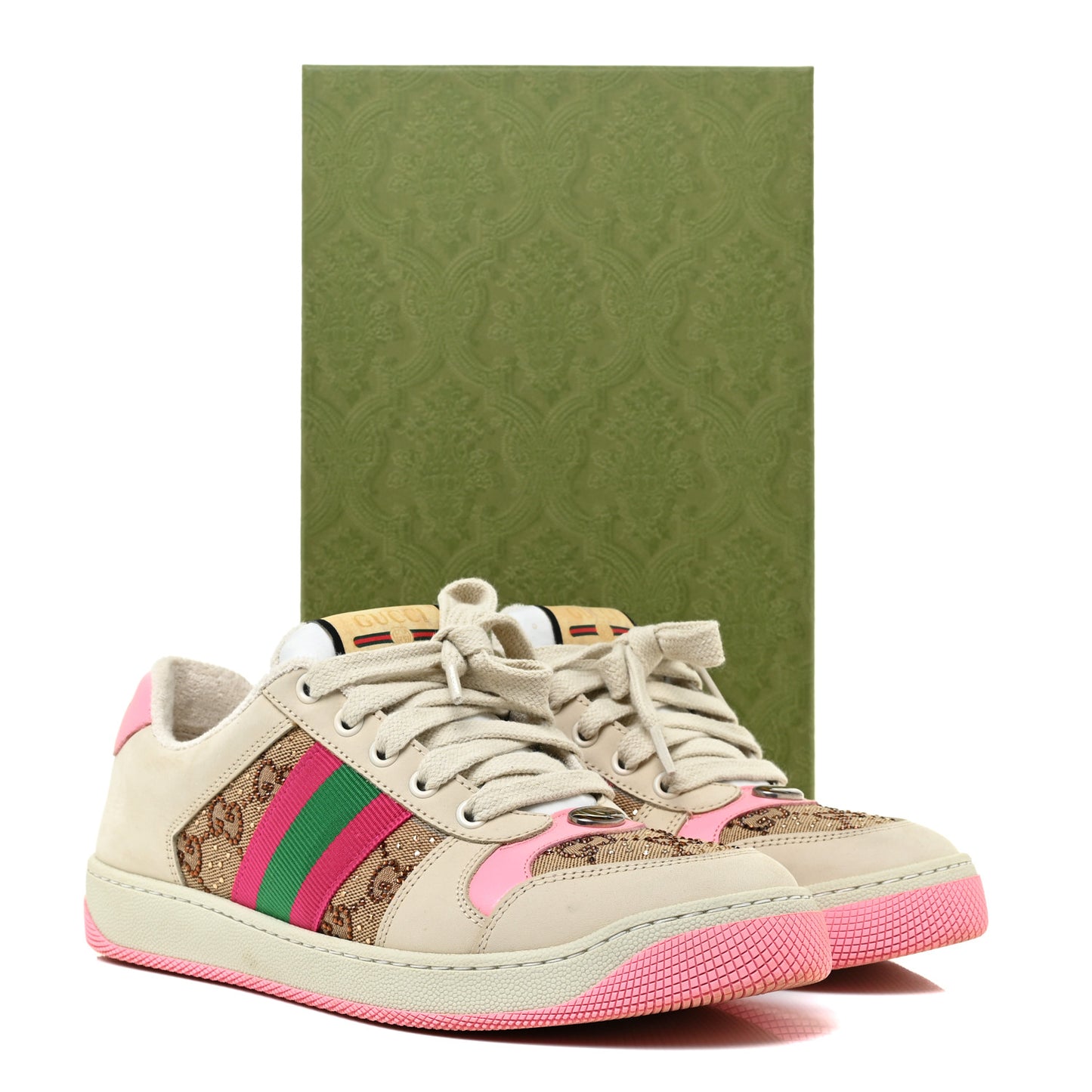 New GG Monogram Nubuck Web Crystal Embellished Womens Screener Sneakers 38.5 Camel Ebony Wild Rose