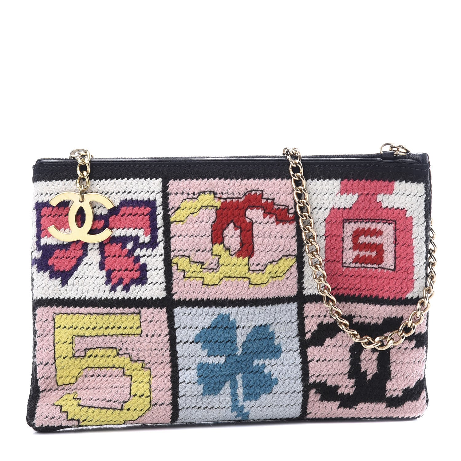Chanel Needlepoint Precious Symbols Clutch Shoulder Bag Black 1 of 9